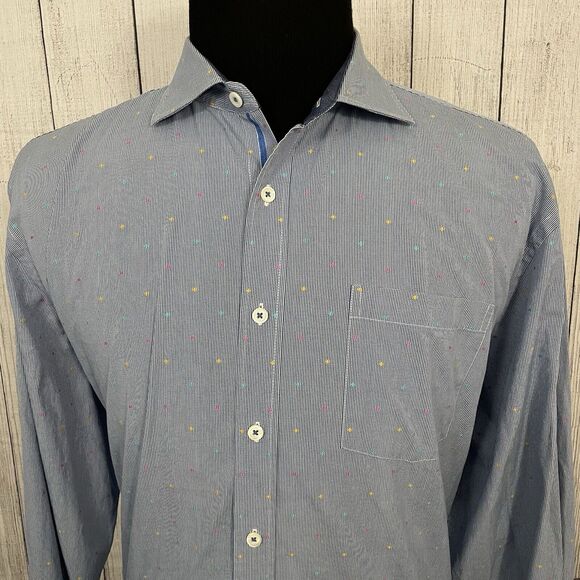 Bugatchi Men's XXL Blue Contrast Cuff Cotton Long Sleeve Button-Front Shirt - Picture 1 of 7